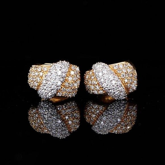 19150 14K Yellow White Gold 3.50ct Pave Round Diamonds Huggie Hoop Earrings - Picture 6 of 6